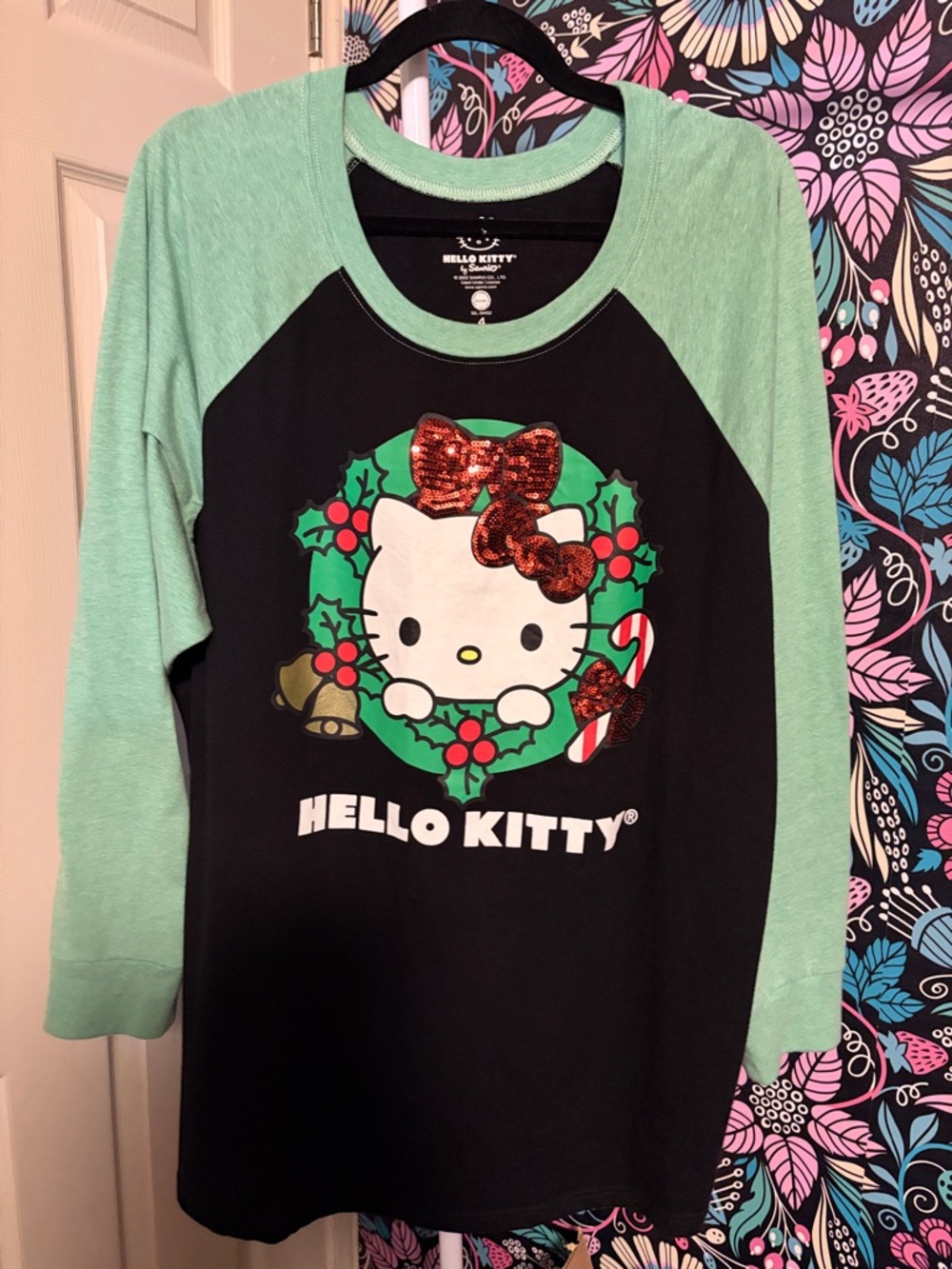 Hello Kitty Black and Mint Raglan Long Sleeve Tee with Sequin Bow